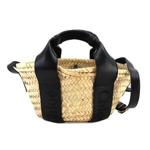 Chloe Sense Small Basket Hand Shoulder Bag Beige Black Raffia Leather 90243142